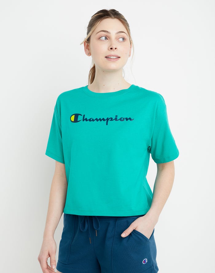 Champion Dame T-Shirts Turkis - Cropped Script Logo - Danmark VZH-485710